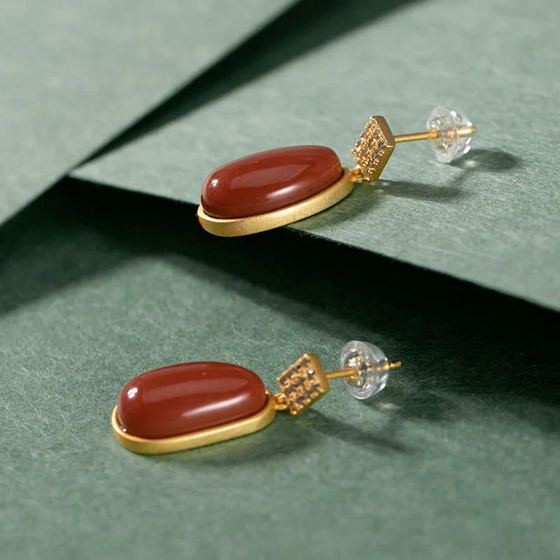Retro S925 Silver-Gilded Southern Red Agate Lucky Bean Earrings For Women